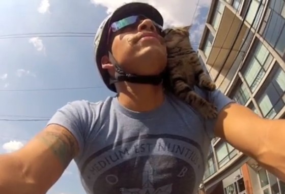 主人骑自行车载著肩头小猫 完成环绕费城旅行