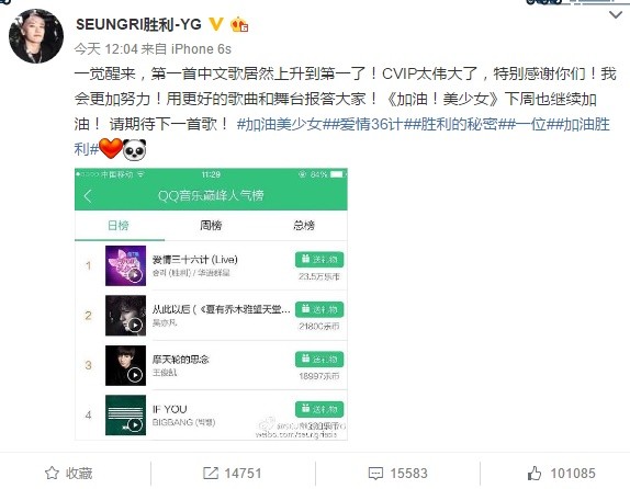 BIGBANG勝利第1首中文歌　翻唱《愛情36計》討論度爆炸