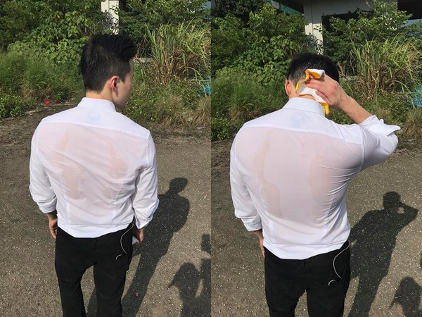 阿纬大热天拍戏,白衬衫湿透露出壮硕背肌.(图/翻摄自阿纬脸书)