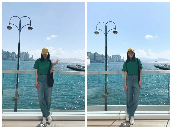 高圆圆以不同姿势,在香港海景前拍照.