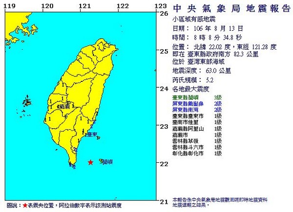 台東發生規模5.2地震，最大震度蘭嶼3級。（圖／中央氣象局）