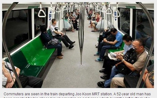 新加坡惊现地铁怪客!座椅留腐蚀液体 护士遭灼