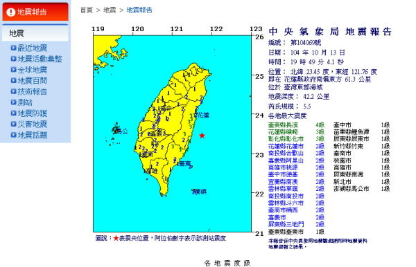 花蓮近海規模5.5地震 雲林斗六民眾臉書po文稱:好暈