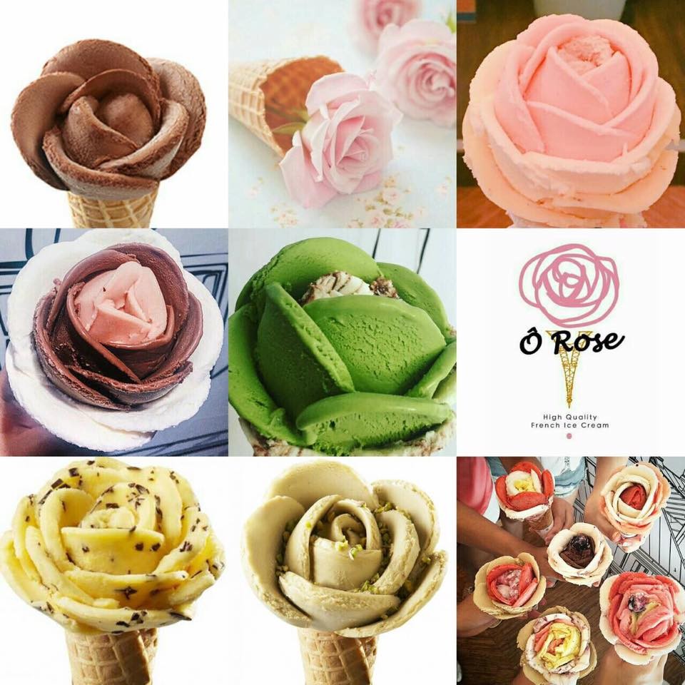 以玫瑰花样态为主打的orose法式冰淇淋,在甜筒上的冰淇淋不是球状