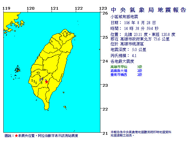 ▲高雄桃源區發生芮氏規模4.1地震。（圖／中央氣象局）