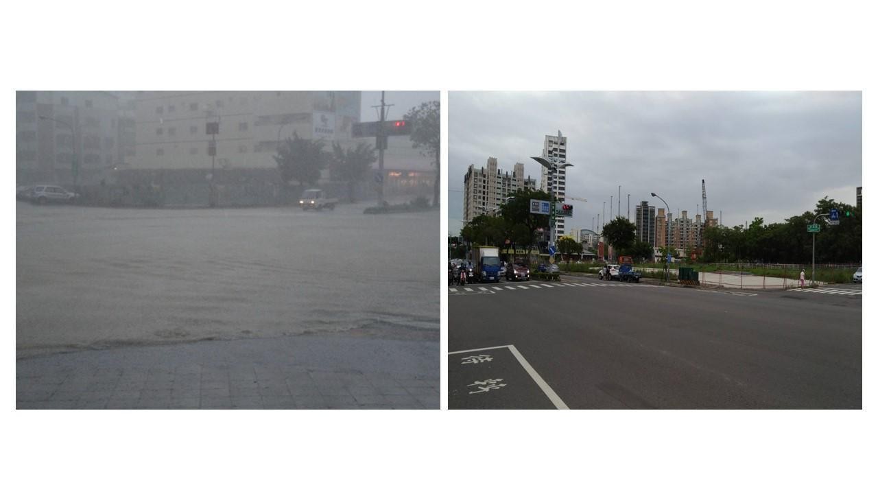▲左為2010年凡那比颱風澄清路淹水；右為2018年7月初拍攝，寶業里滯洪池旁澄清路情形。（圖／翻攝自《鏡週刊》）