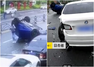 女撞噴BMW翻車朝天…車尾一張「神預言」　網笑了：真的說到做到！