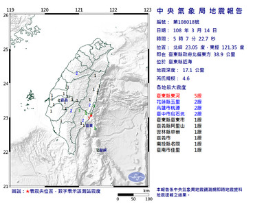 快訊／台東近海05：07規模4.6地震　最大震度5級