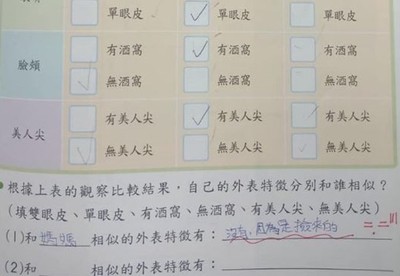 作業觀察媽媽單眼皮、孩子雙眼皮　小學生答「因為我是撿來的」