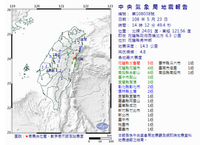 花蓮規模4.8有感地震！　氣象局：這一兩天注意餘震