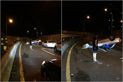 快訊／台64深夜事故！轎車自撞「180°翻肚」　零件噴飛散路中