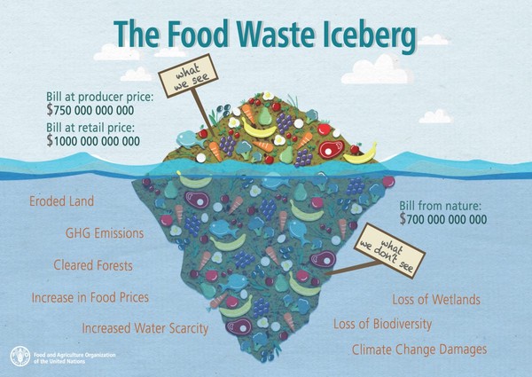 ▲你我看到的糧食浪費只是冰山一角，冰山底下深藏龐大的社會、經濟與環境成本。（圖／FAO）