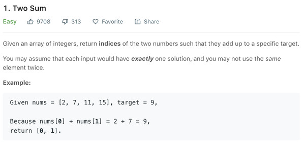 ▲LeetCode 裡面的第一題: two sum。（不過，實際面試不大可能遇到這麼簡單的題目）。（圖／Kevin）
