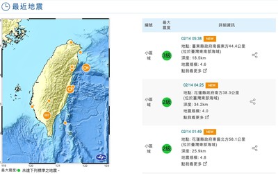快訊／花東「情人節」一夜三震！　最大規模4.8