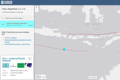 印尼峇里島南方海域強震規模6.3　震源深度僅10公里