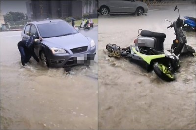 午後雨彈狂炸南台灣！樹德科大前秒變「湍急小河」　汽車慘拋錨