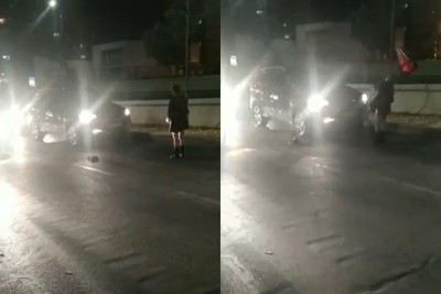短裙妹大馬路擋車！聳肩嗆駕駛…下秒遭飛天三角錐「精準爆頭」
