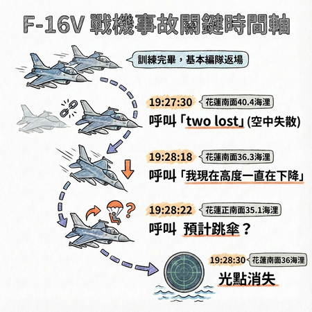 ▲▼F-16V失事時序圖。（AI協作圖／記者郭運興製作，經編輯審核）