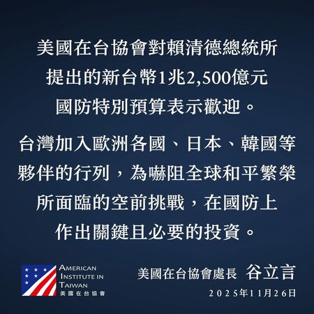 AIT罕更新對黃國昌回應　表態「歡迎賴清德所提1.25兆國防預算」
